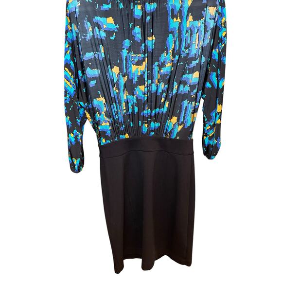 BCBGMaxazria Women 6 Abstract Paint Blue Blouson Dress Cowl‎ Neck Business - Picture 10 of 14